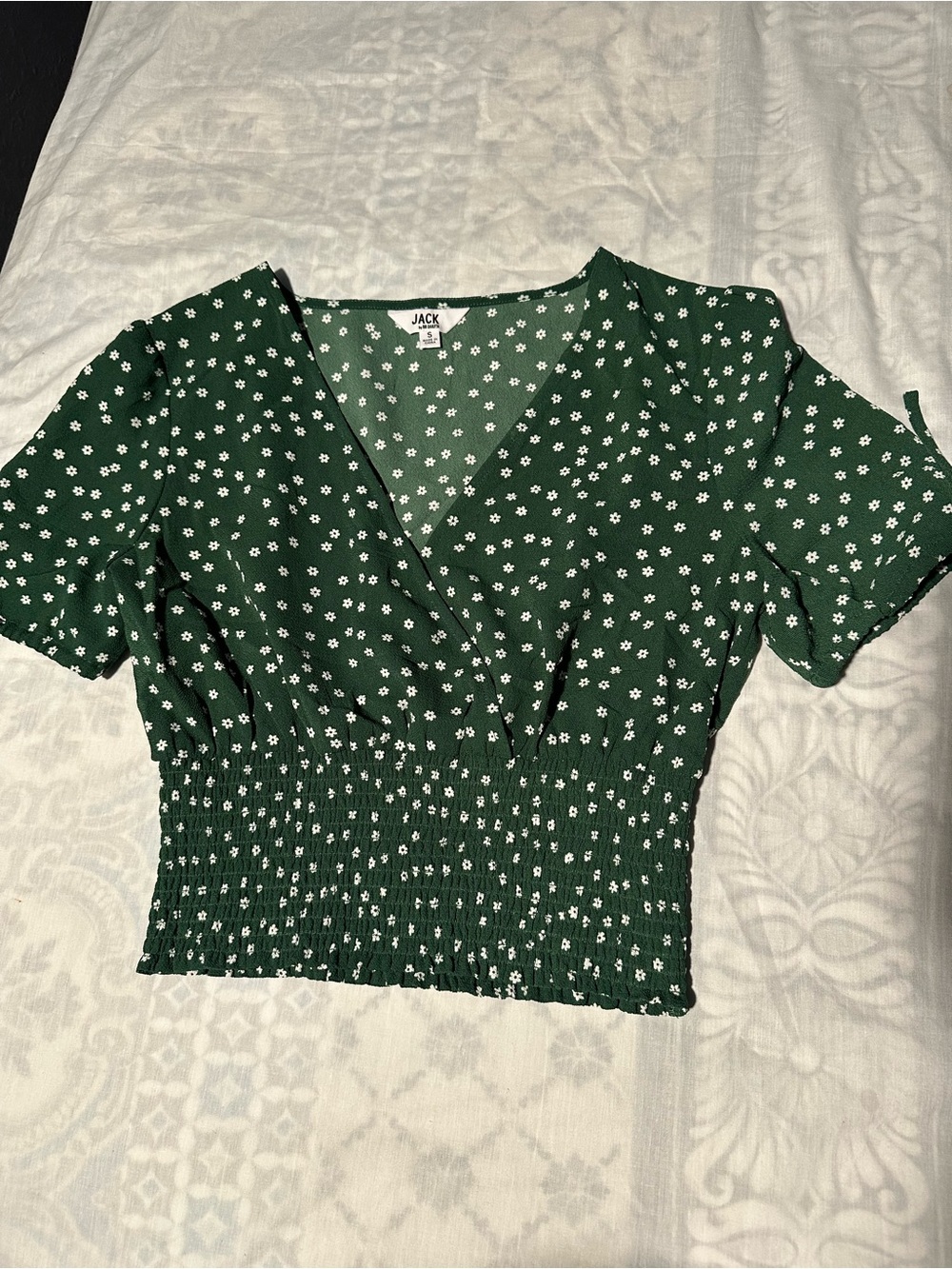 Jack by BB Dakota Dark Green Floral Smocked Crop Top